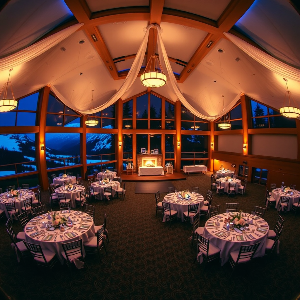 Function hall decorated for an evening event with mountain backdrop