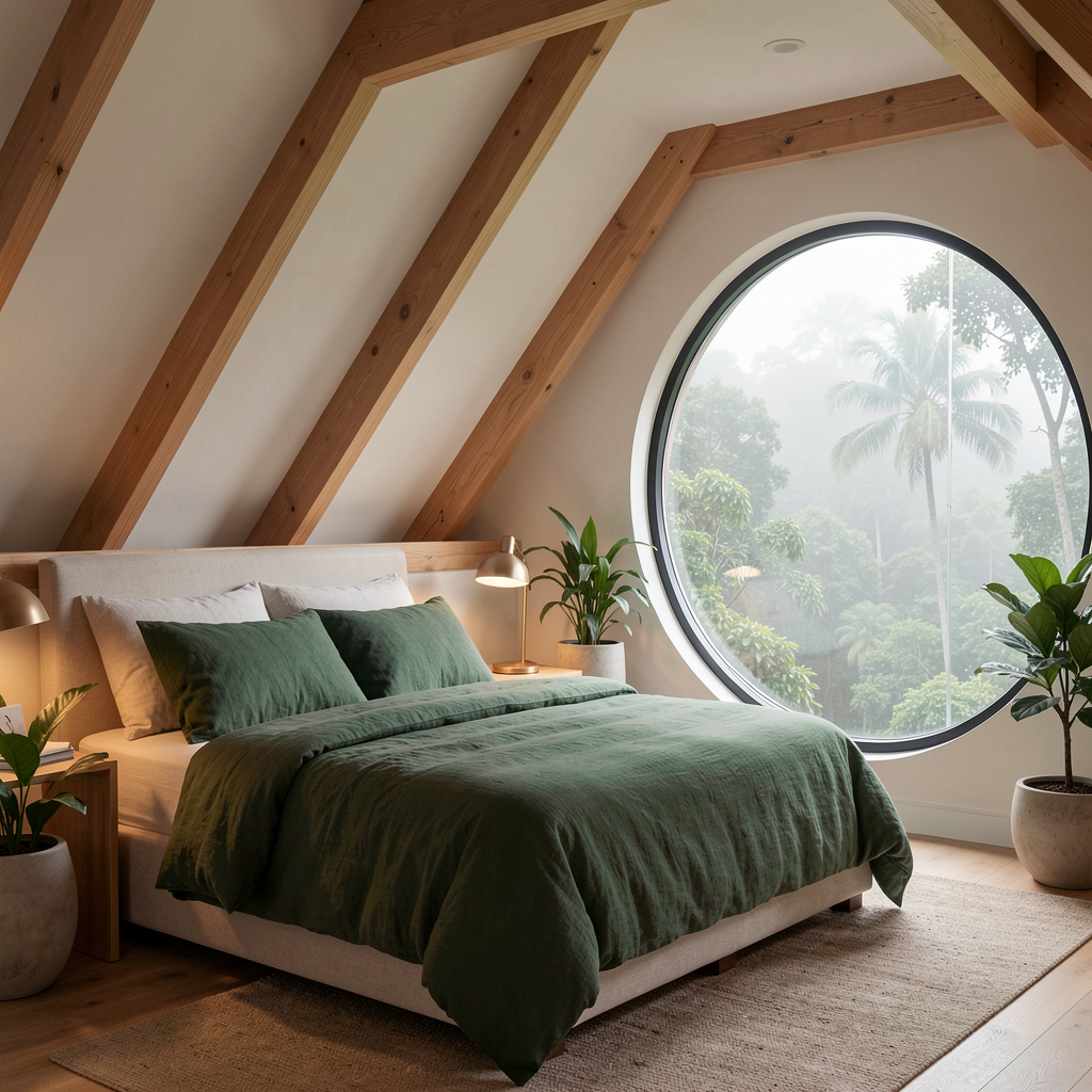 Cozy loft bedroom under glass ceiling frame