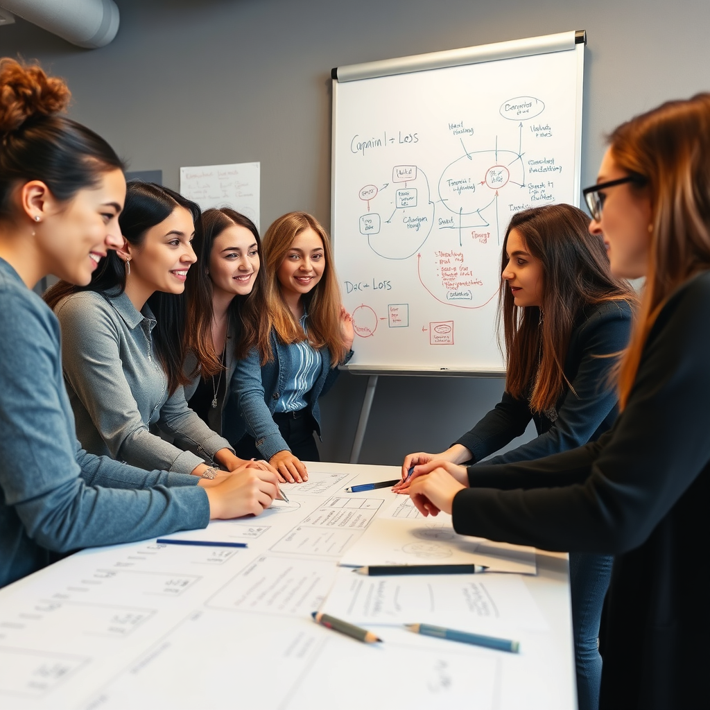 A modern office with a team of professionals working on computers, with charts and graphs on a large screen in the background. The scene should convey efficiency and organization.