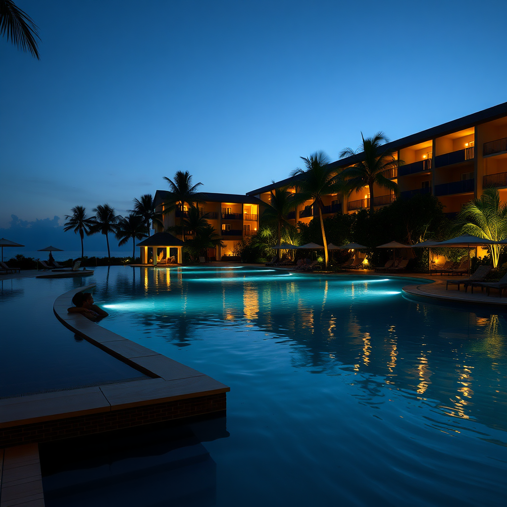 Swimming pool at night at Milfer Resort