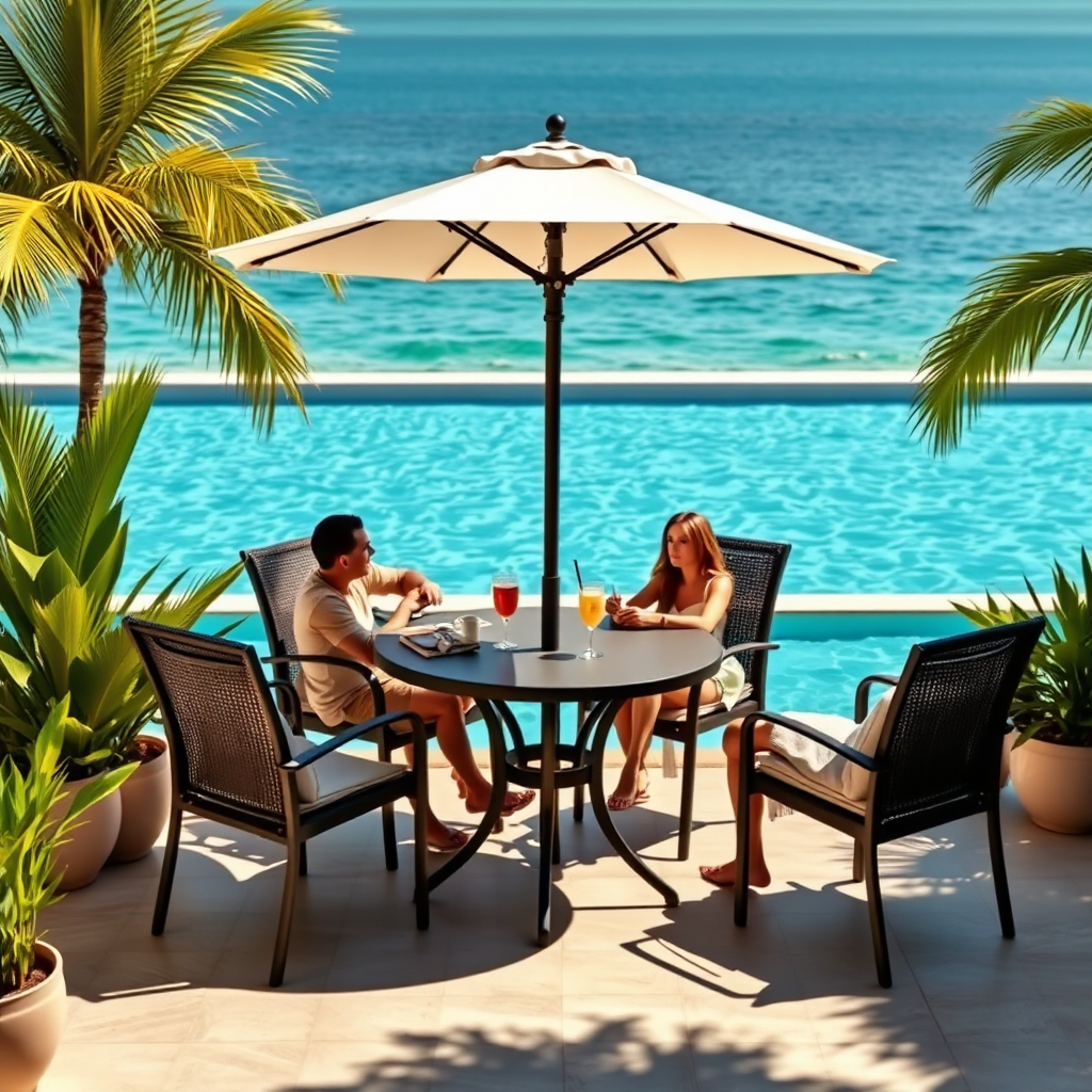Patio table set with umbrella at Milfer Resort – Beyond Paradise