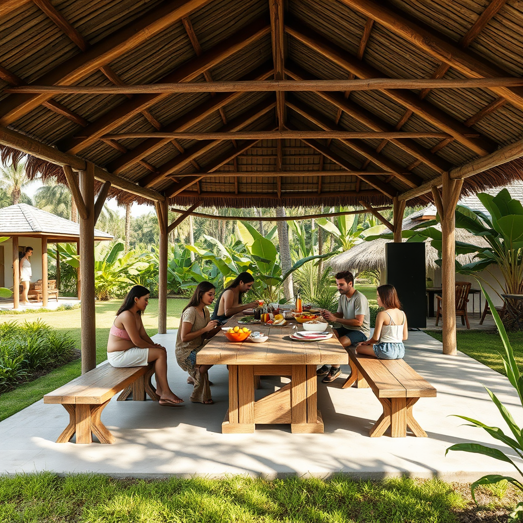 Open-air shed with built-in table and benches at Milfer Resort – Beyond Paradise