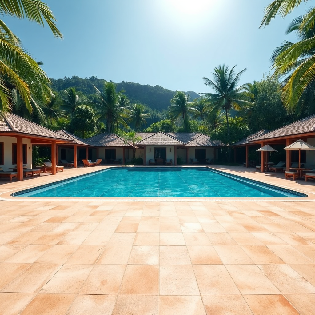Wide view of Milfer Resort swimming pool and seating area
