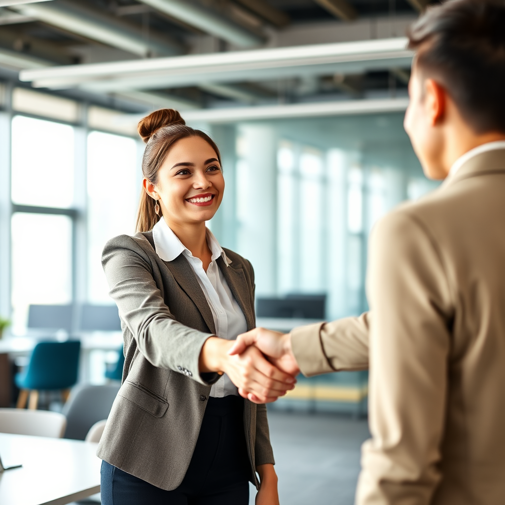 A businessman shaking hands with an accountant in a professional setting, symbolizing trust and confidence. The scene should depict a sense of security and compliance.