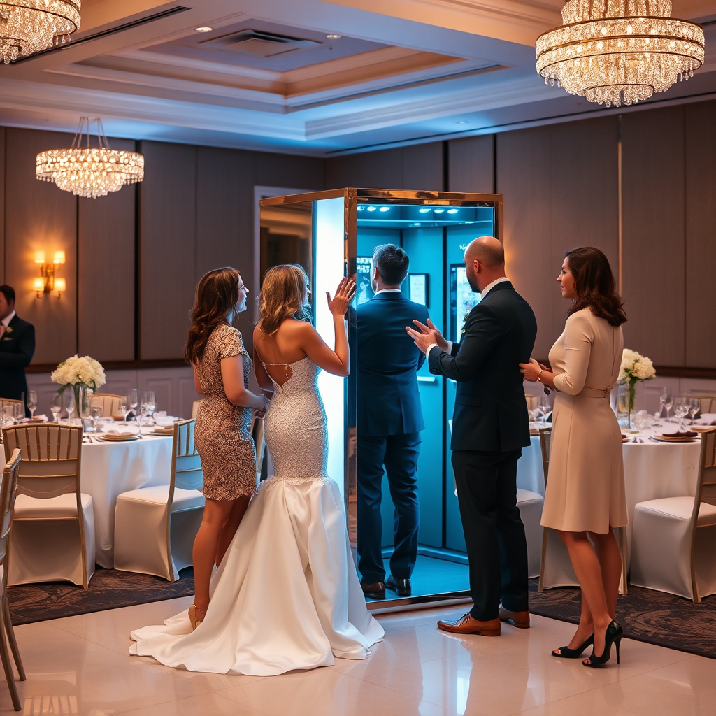 Guests using a luxury mirror photo booth at a glamorous Raleigh event