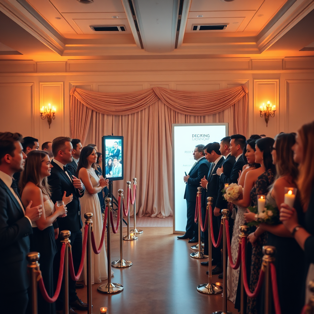 Wedding reception mirror booth setup and guests