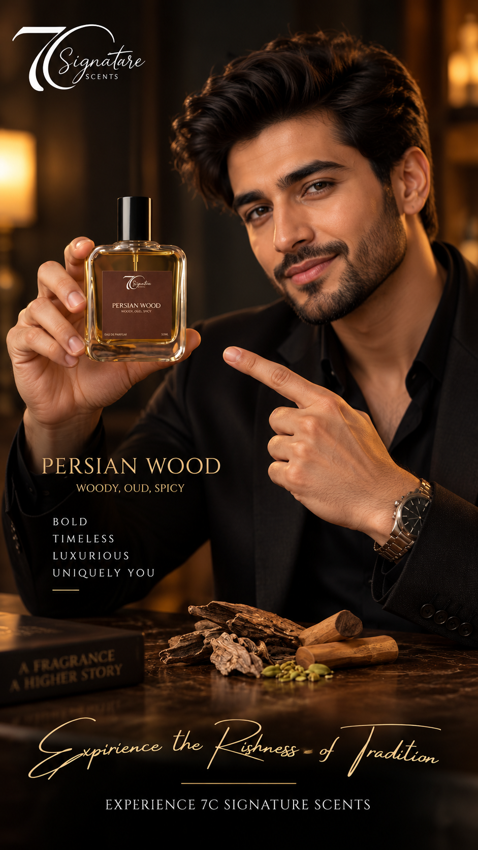 Amber perfume bottle with rose petals