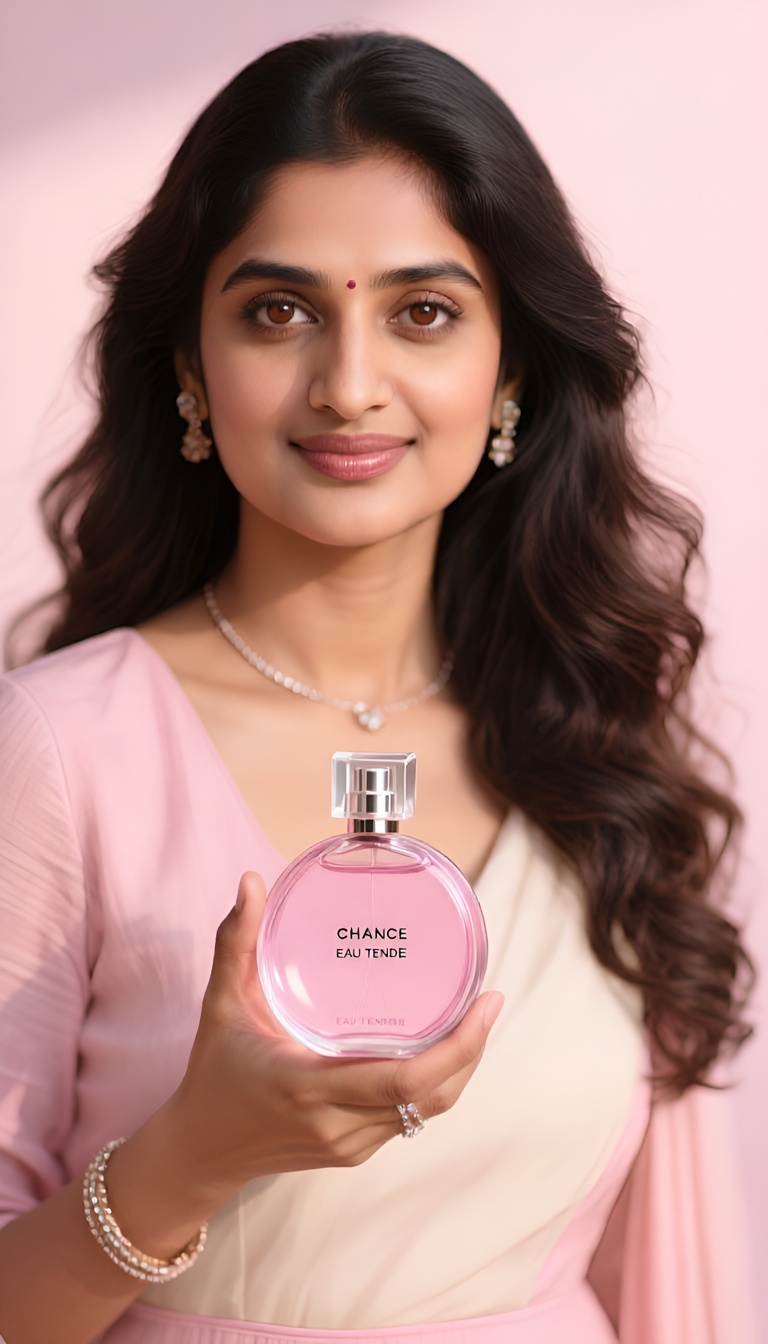 Clear perfume bottle on champagne silk