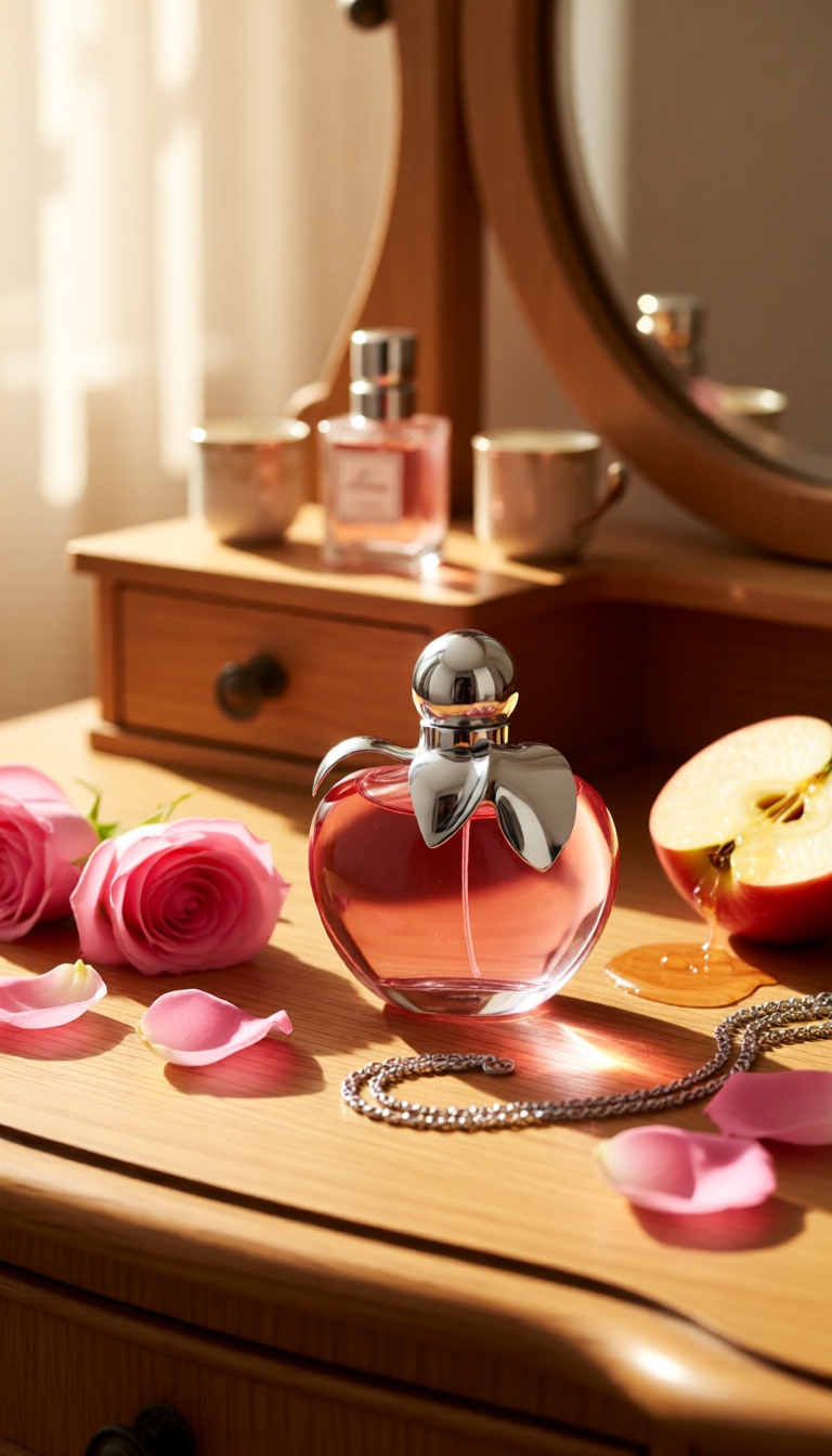 Emerald perfume bottle on mirrored surface