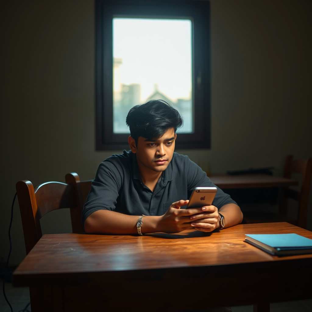 Struggling person looking at phone