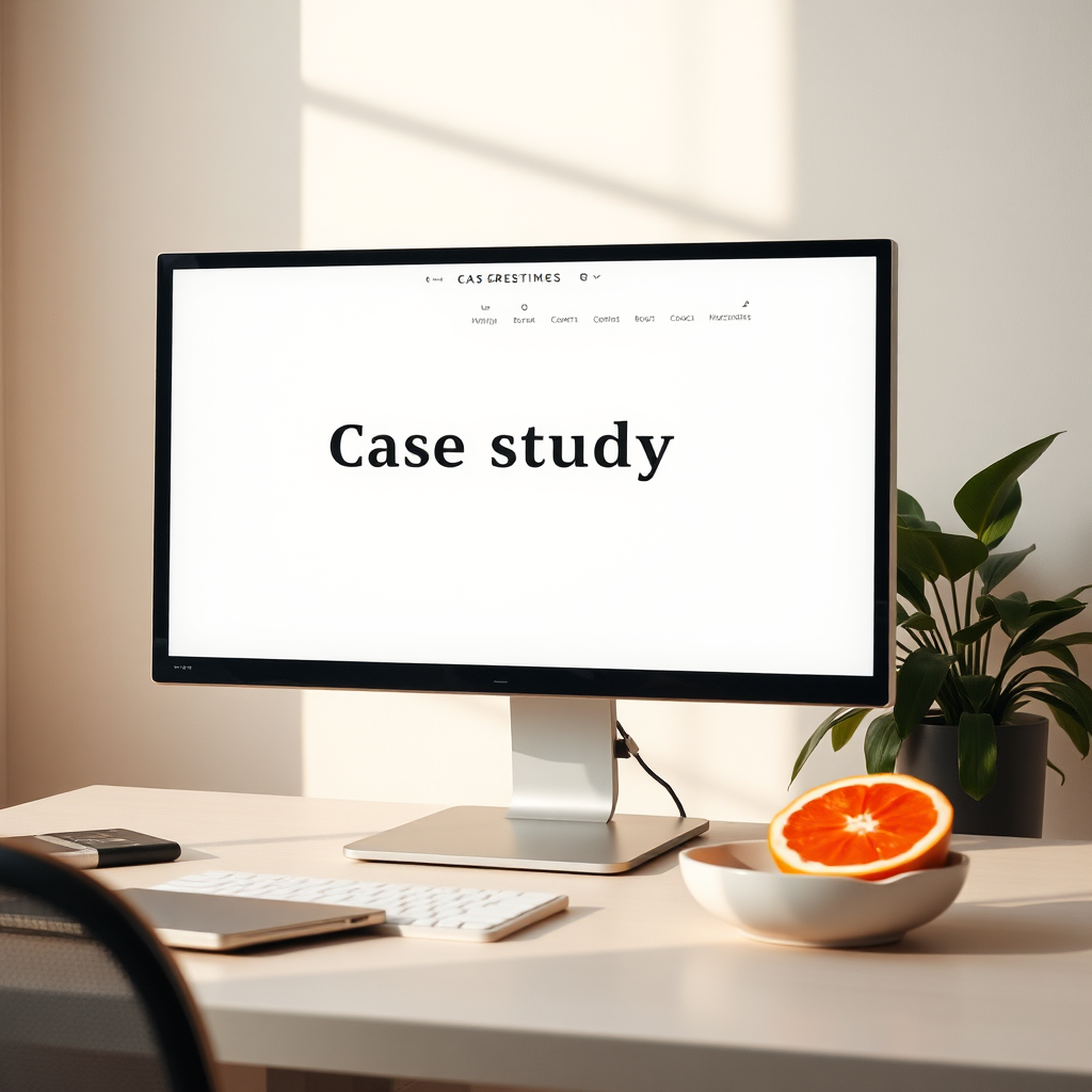 Monitor showing a minimalist case study page