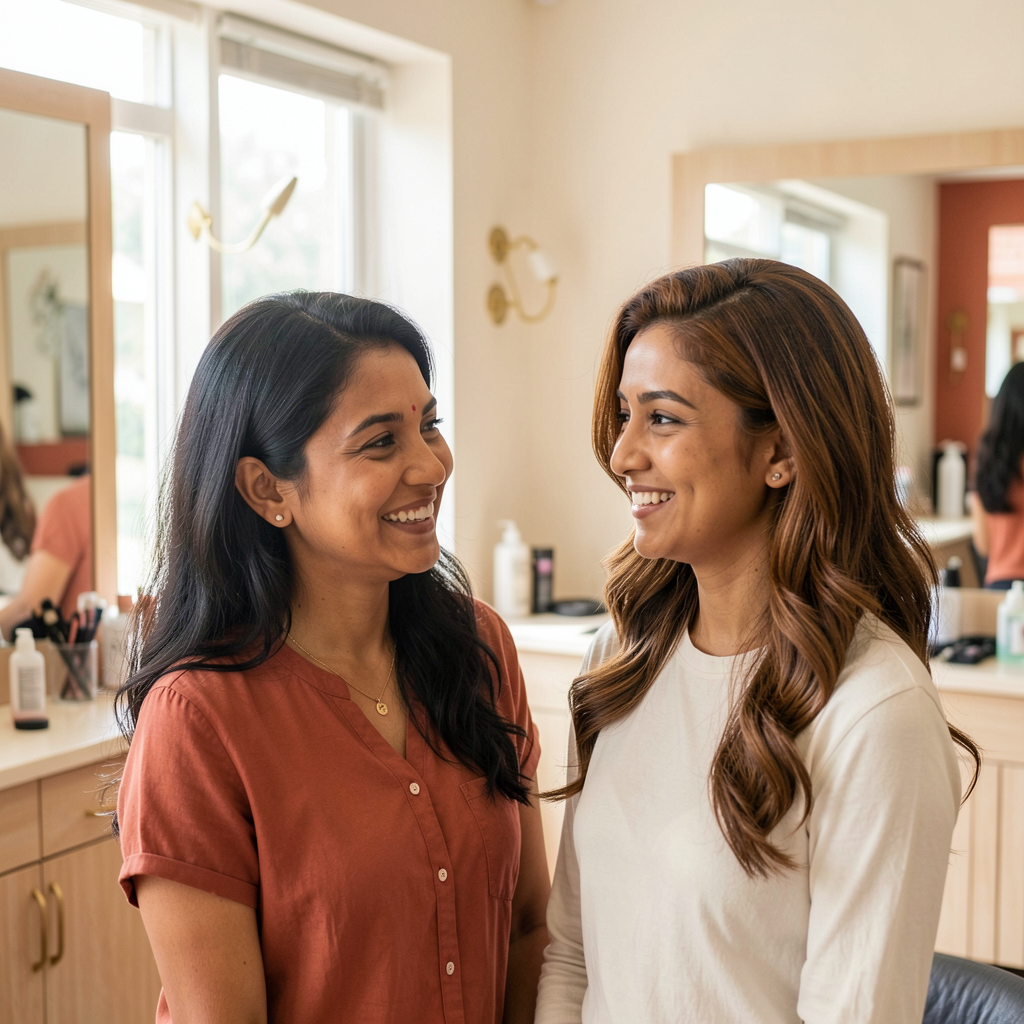 Client and stylist after a beauty service
