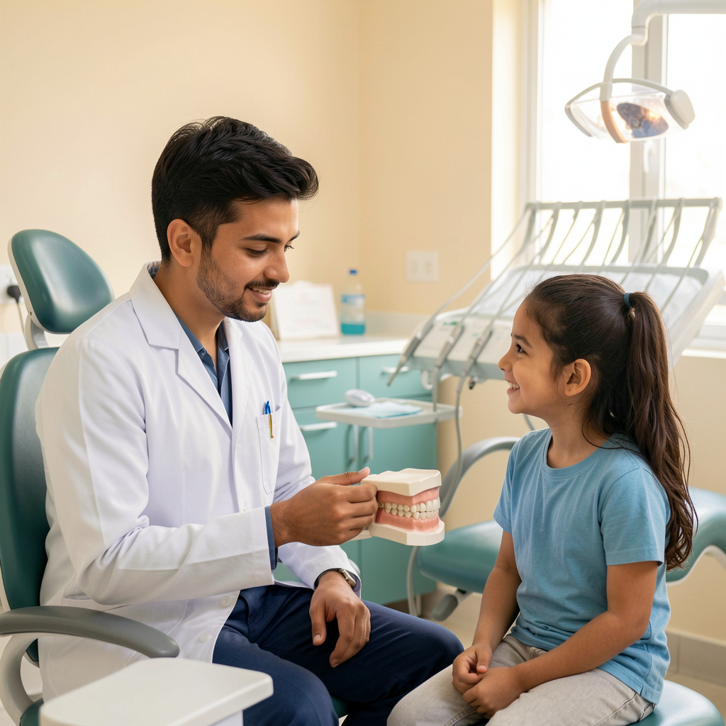 Dentist discussing dental care with a family