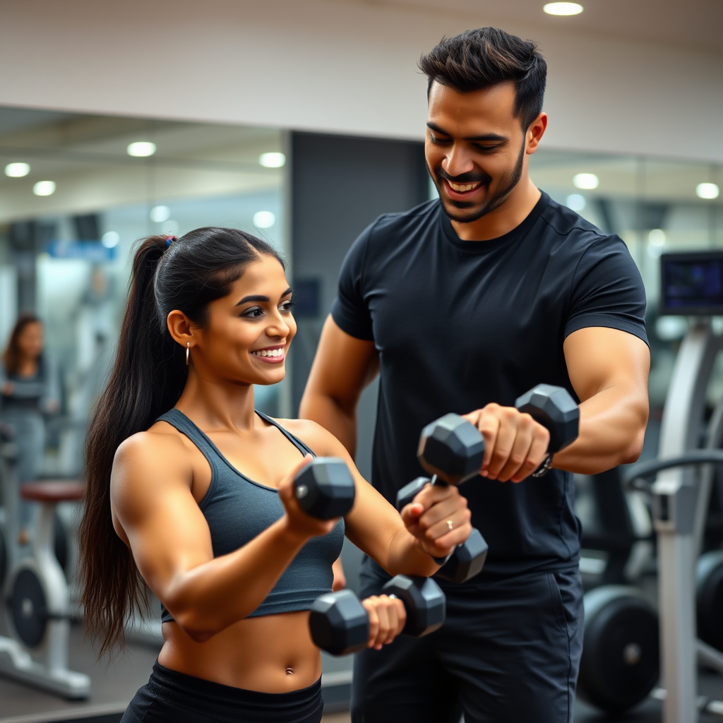 Trainer guiding a gym member