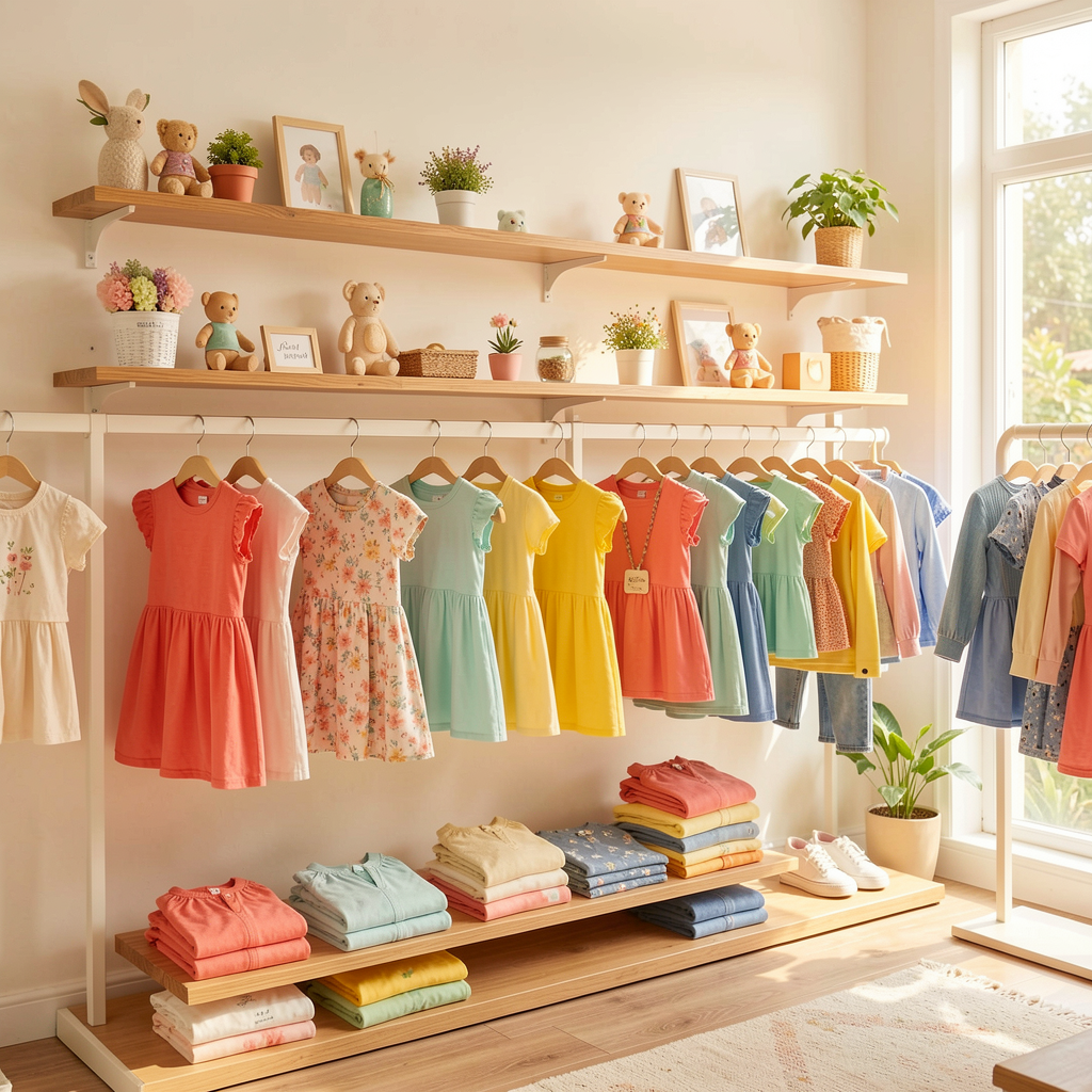 Colourful kids clothing displayed in store