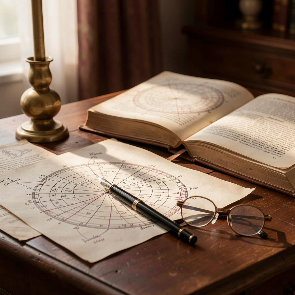 Paper birth charts and astrology reference books