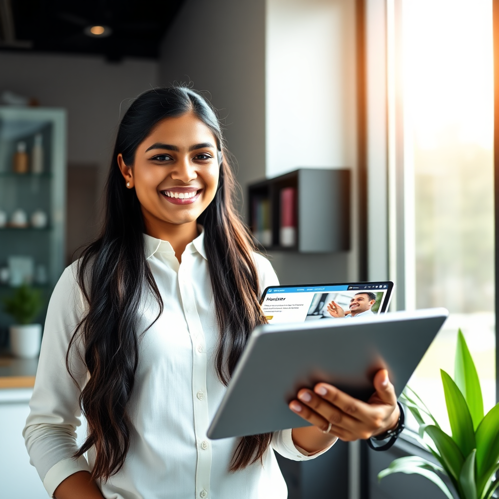 Happy business owner looking at their new website on a tablet