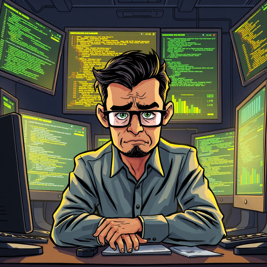 Stressed person with complicated tech