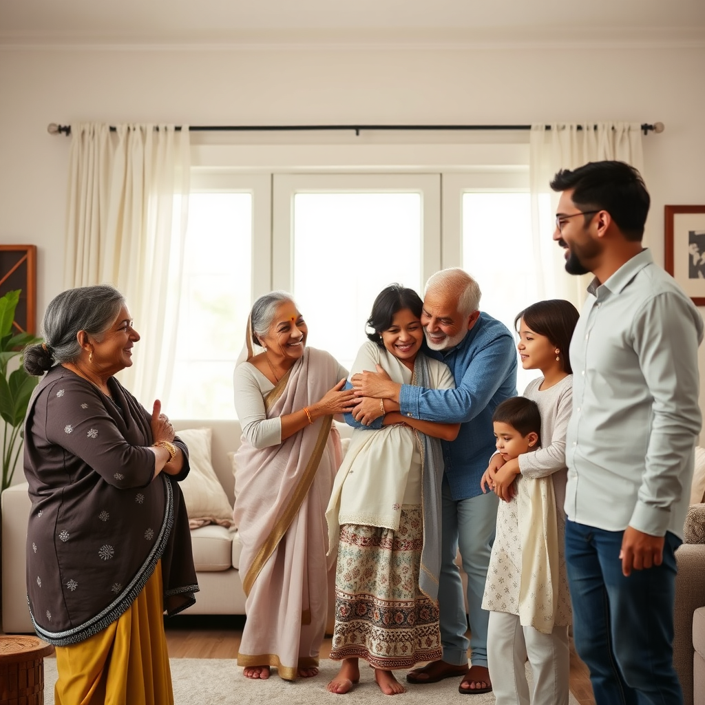 Family hugging after a song surprise