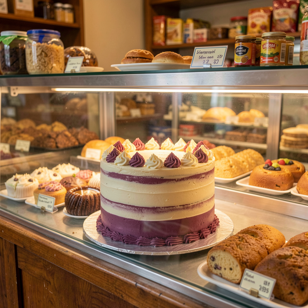 [Placeholder image] Birthday cake on display at New Madhura Baker's