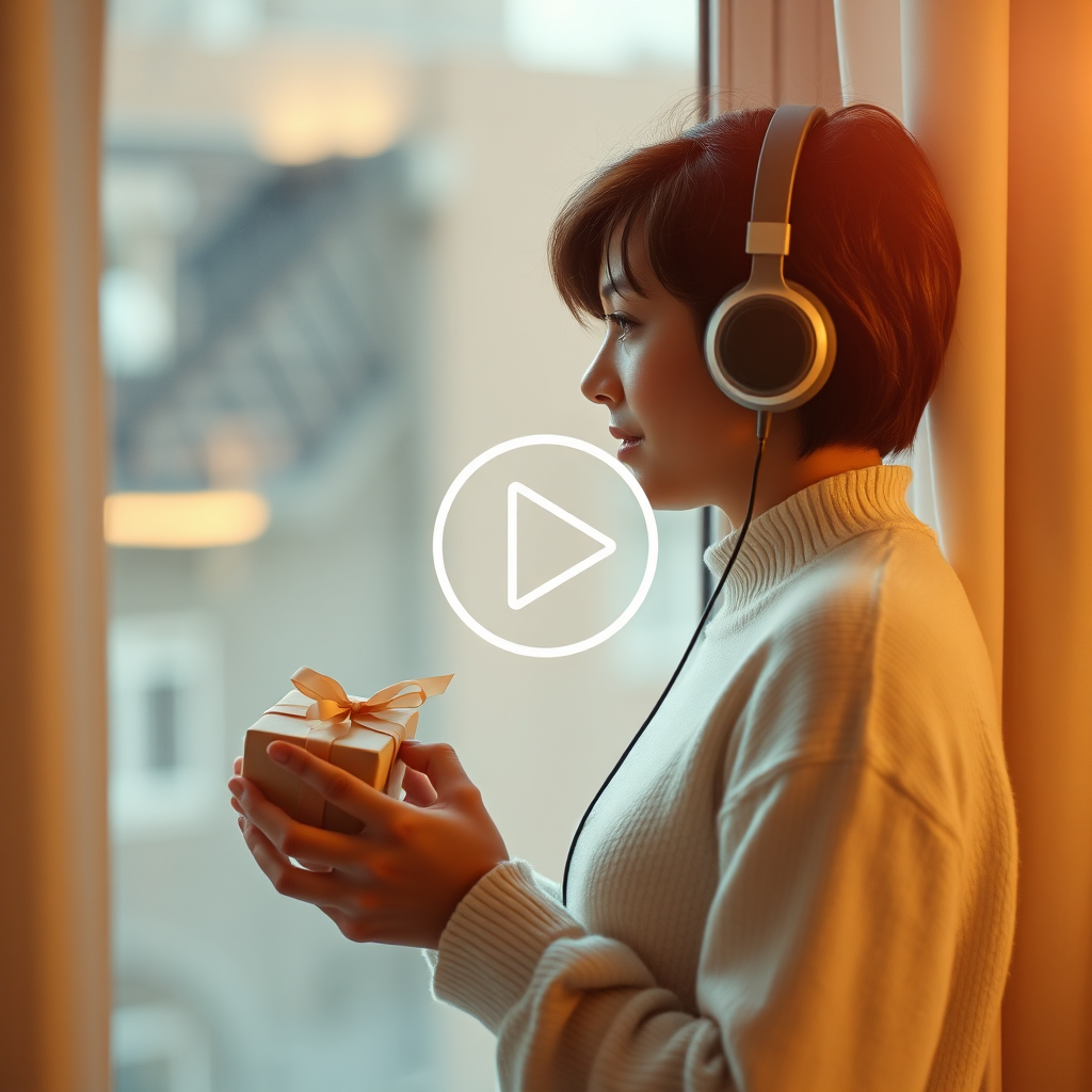 Person by a window holding a gift and wearing headphones