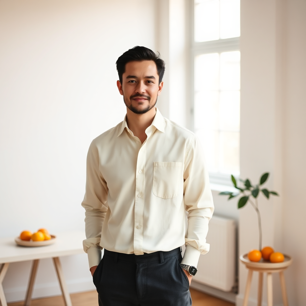 Studio founder portrait in a warm minimalist workspace