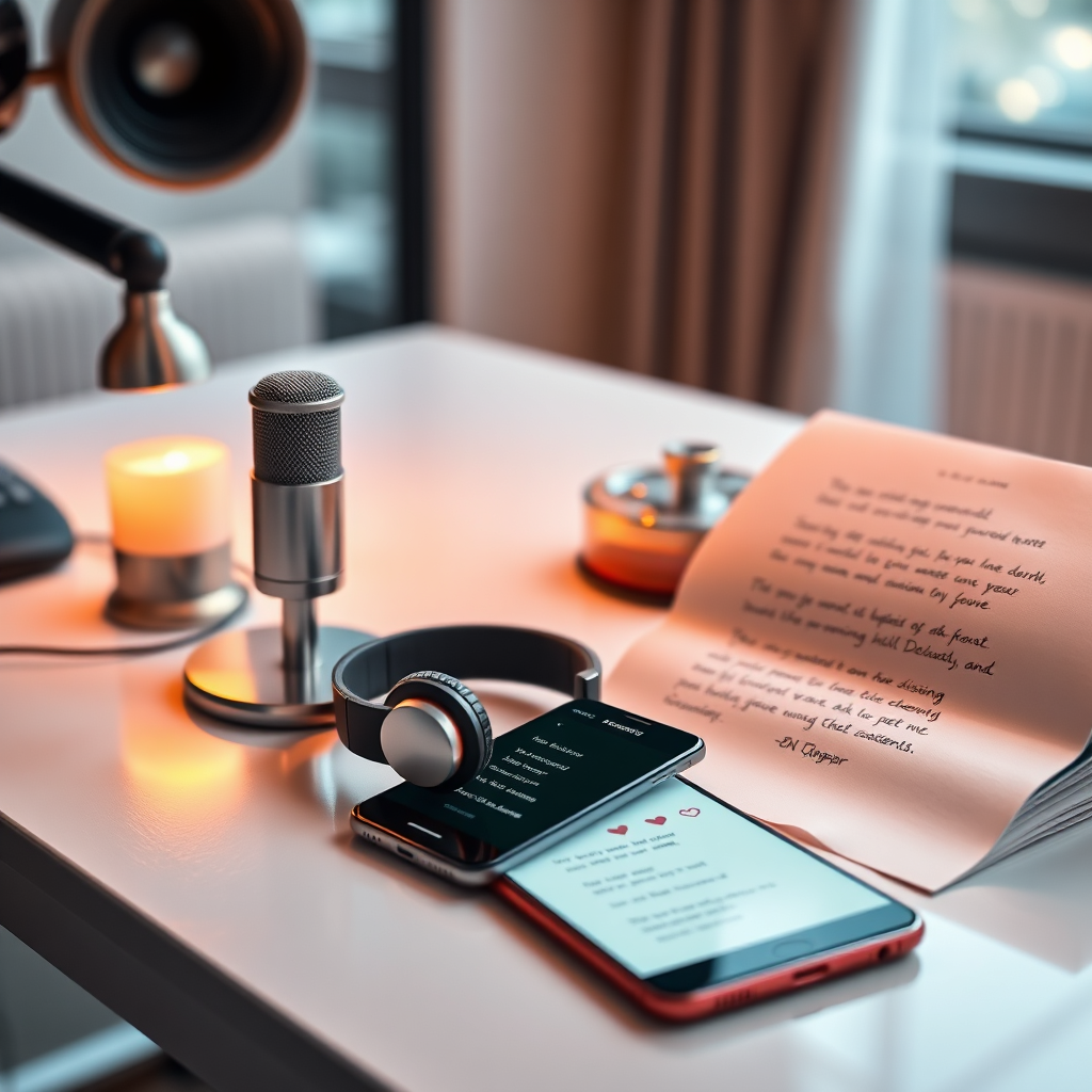 Studio desk with microphone and handwritten lyrics