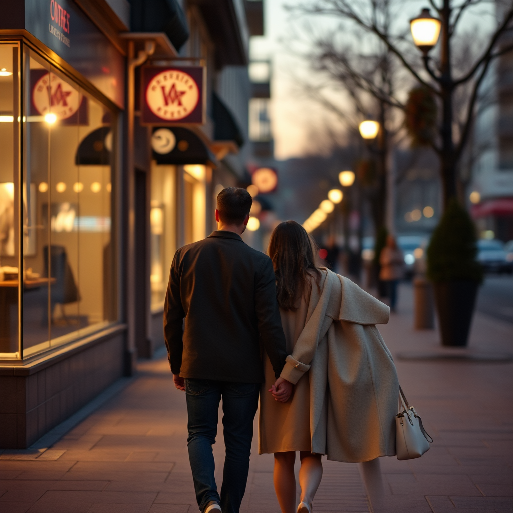Couple holding hands on an evening walk