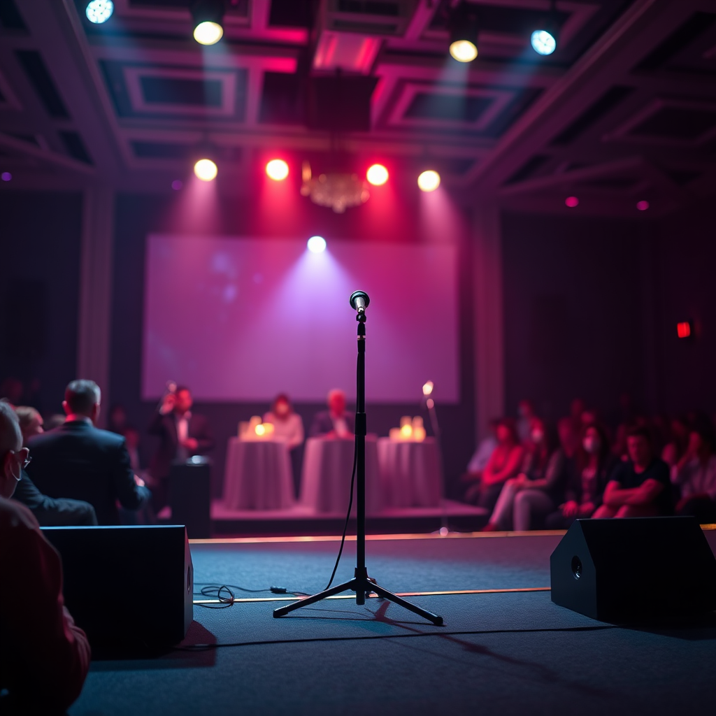 Small stage with microphone and warm spotlights