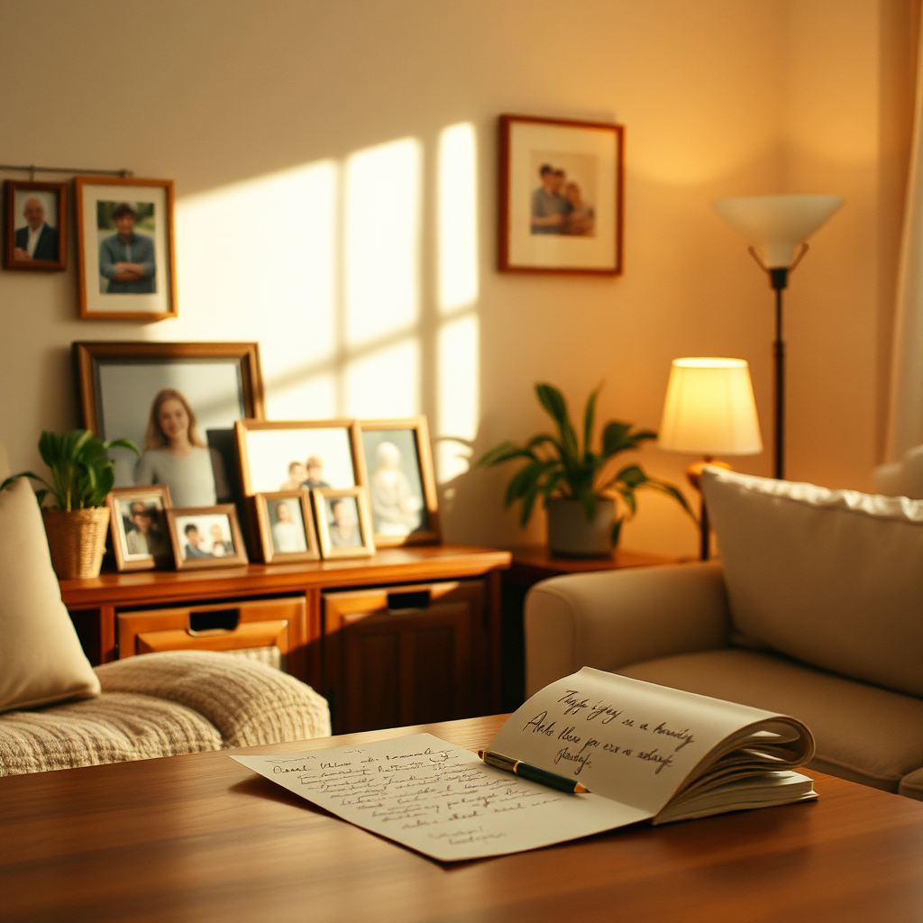 Cozy living room with family frames and a letter