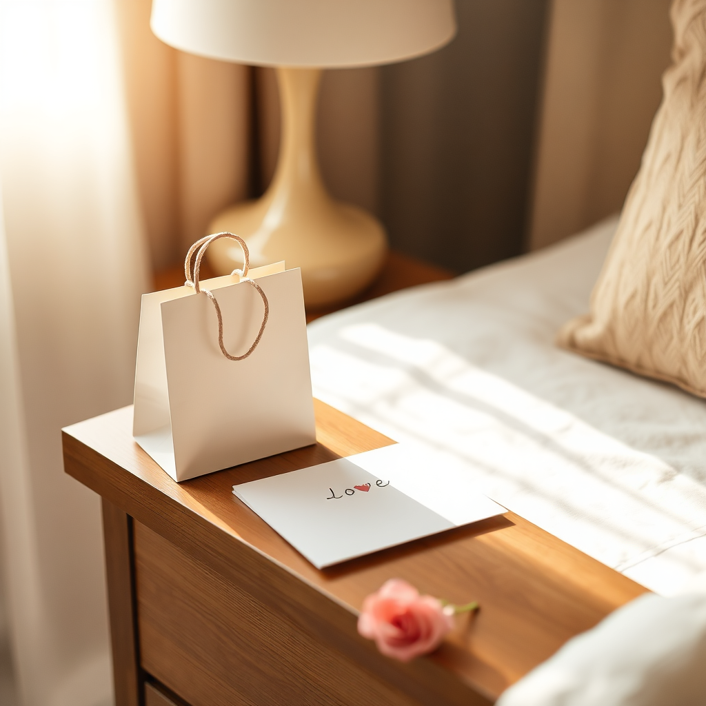 Gift bag and note in soft morning light