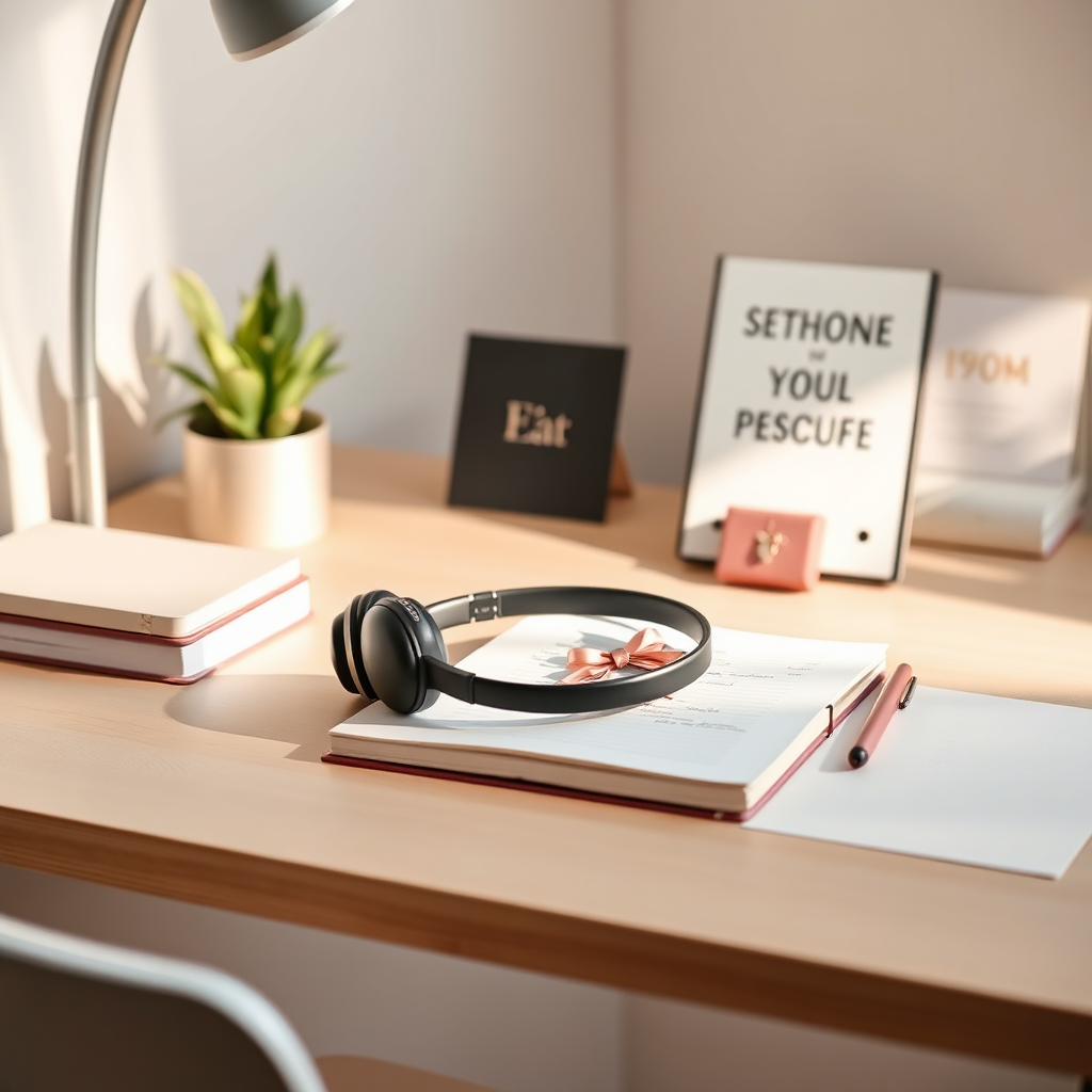 Study desk with notebook and headphones