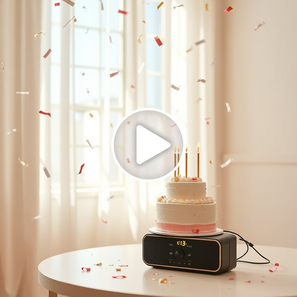 Minimalist birthday setup with cake and confetti
