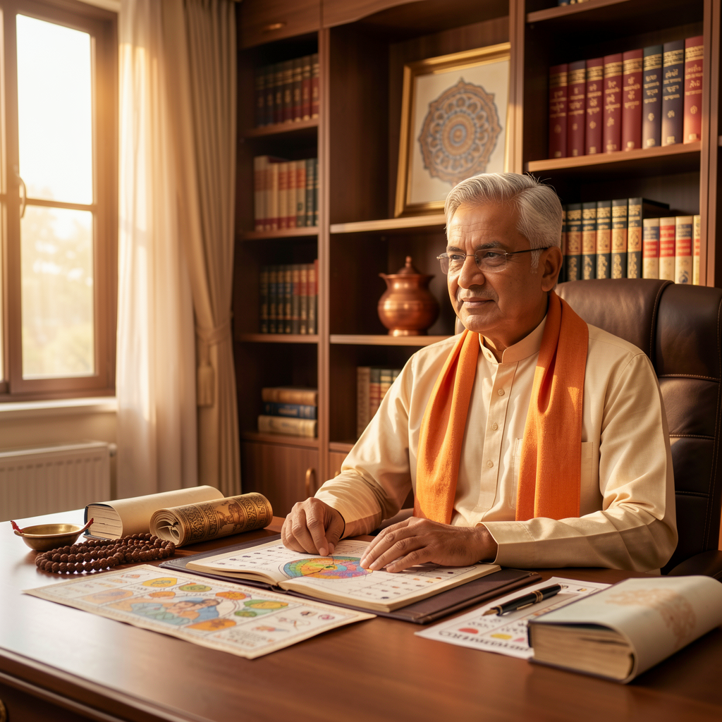 Experienced Indian Vedic astrologer in his office