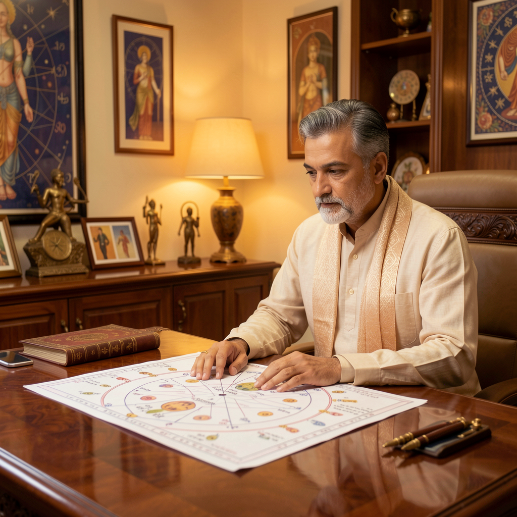 Private Vedic astrology consultation in a calm office