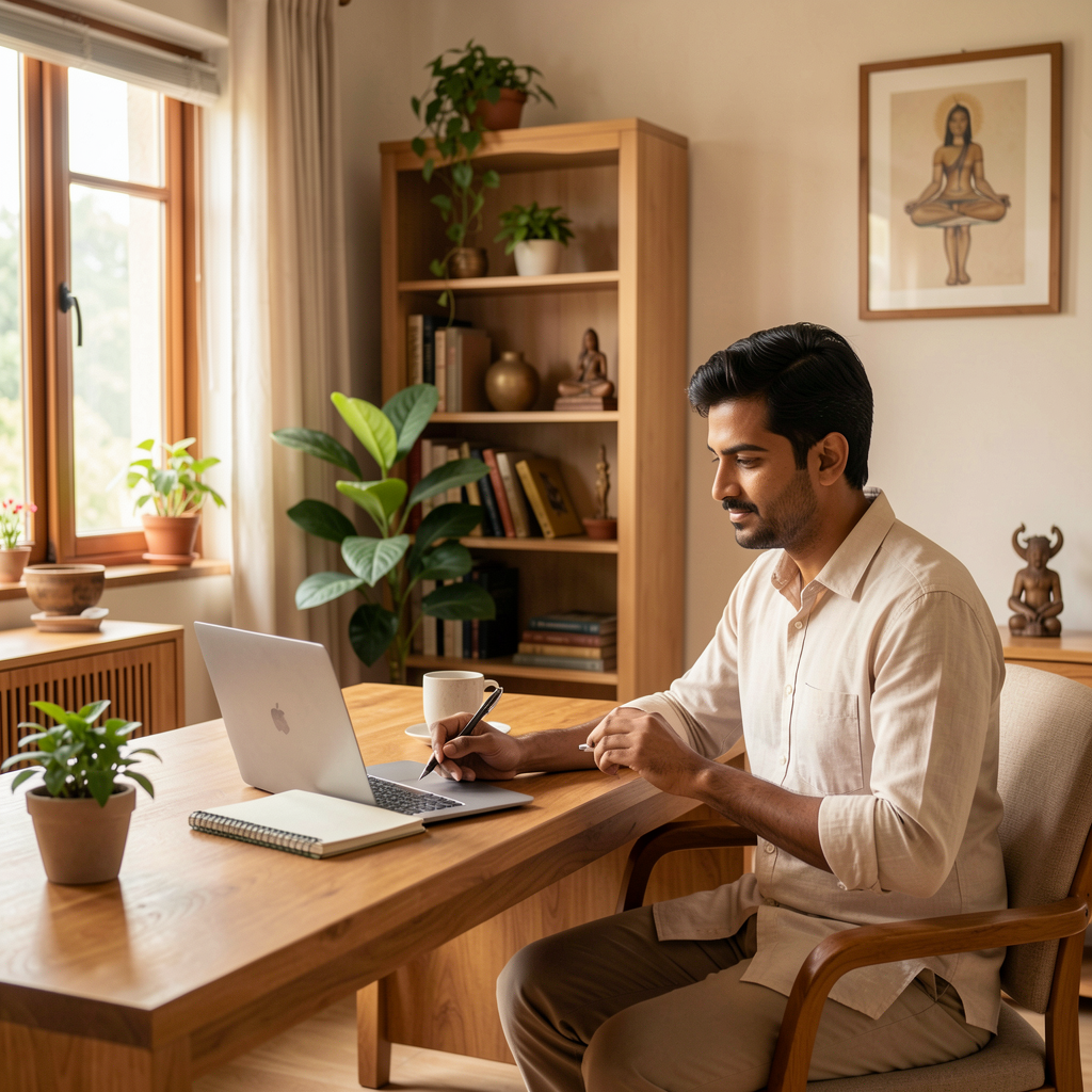 Indian professional thoughtfully planning at a home office