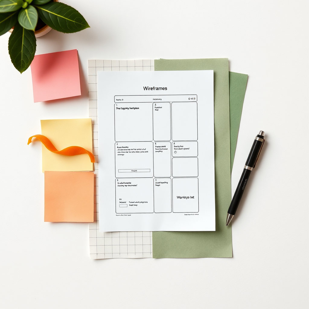 Organized design notes and wireframes with citrus accents