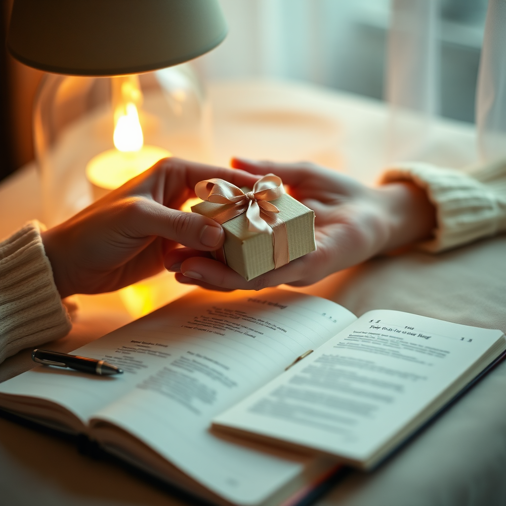 Hands holding a gift box next to a lyric notebook