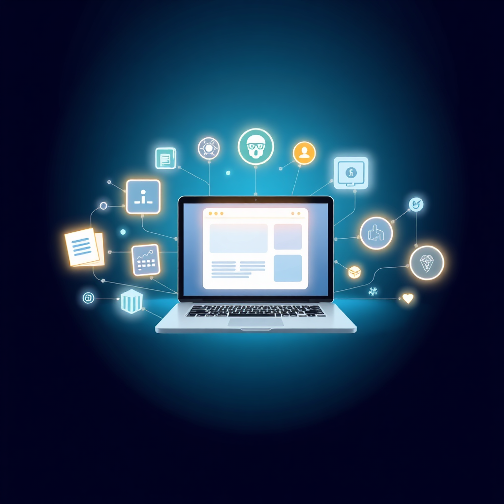 Illustration of a digital product business with a website, AI tools, and automation