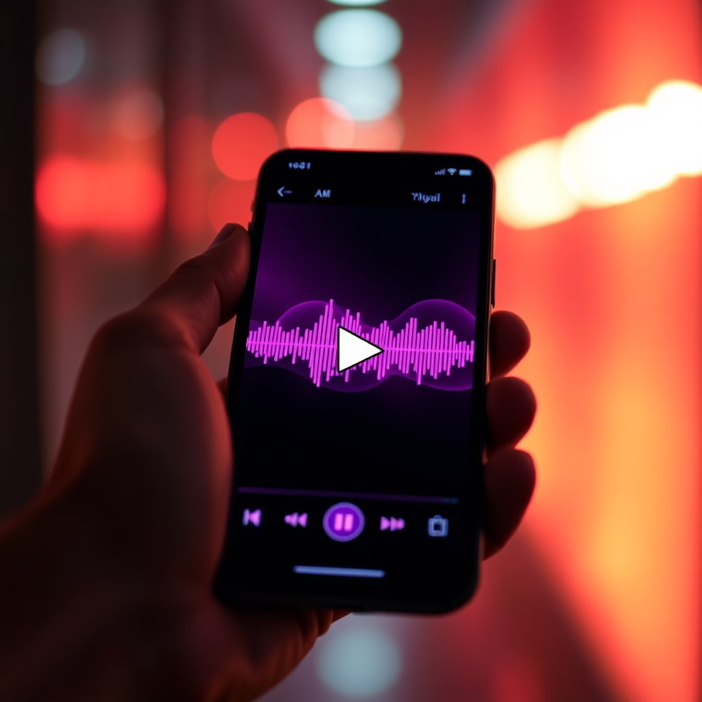 Phone showing an abstract waveform in warm lighting