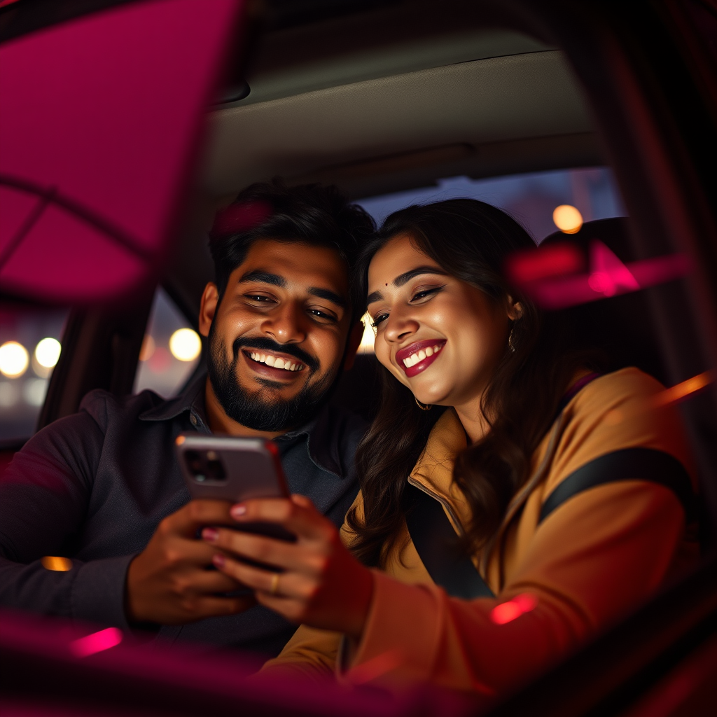 Couple smiling while listening to music