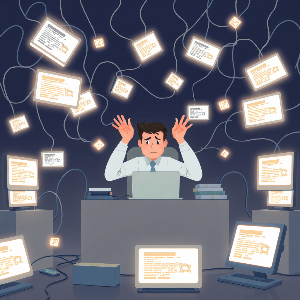 Frustrated business owner with complicated tech