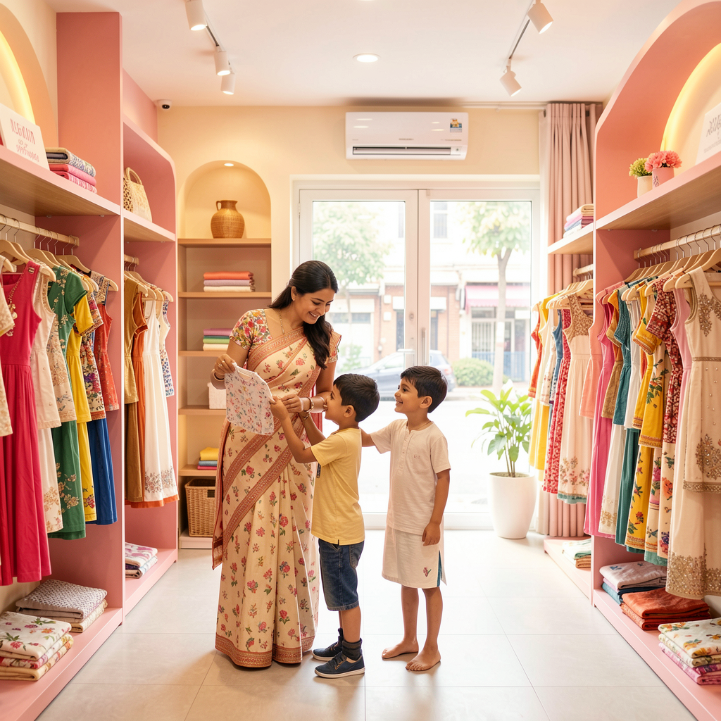 Indian family shopping together in a bright clothing boutique