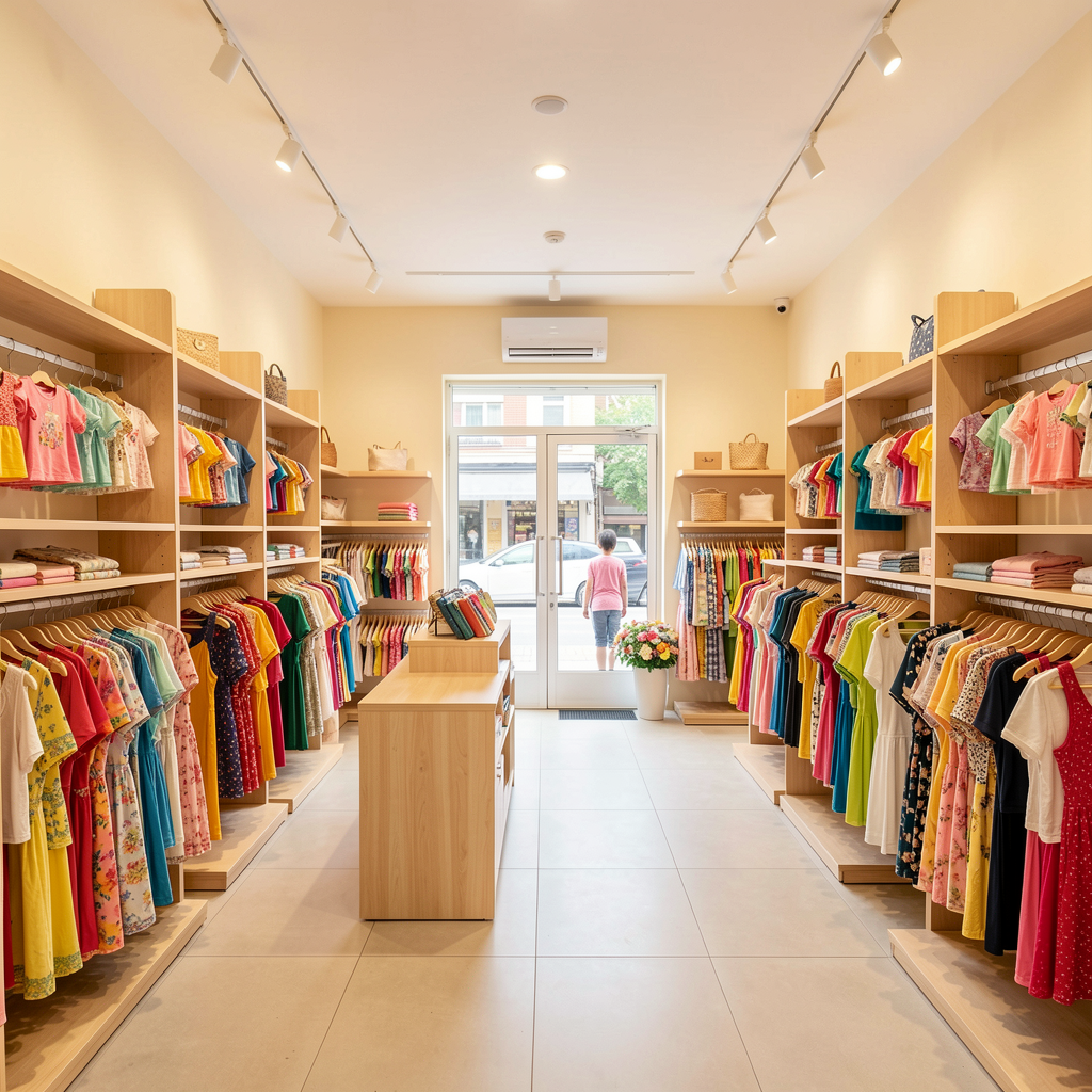 Bright boutique interior with organised clothing rails