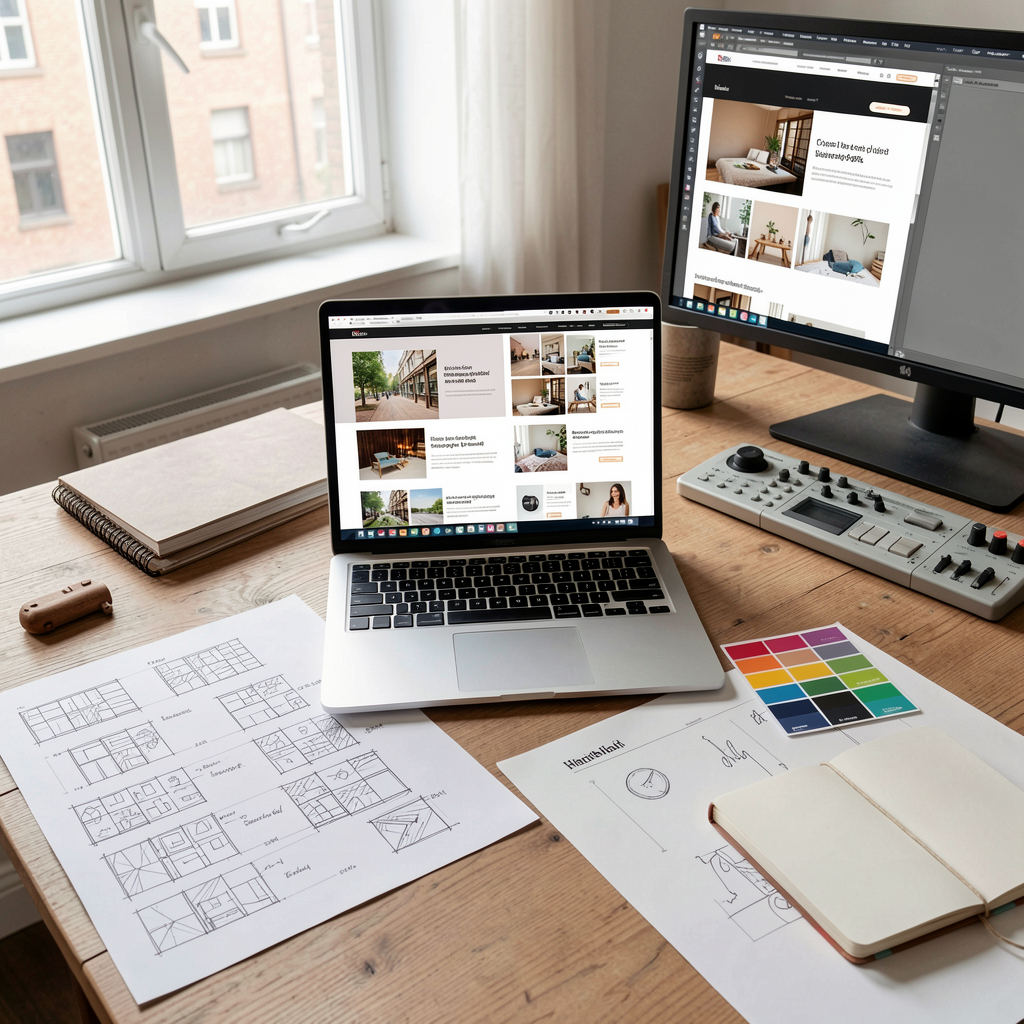 Creative workspace with website designs and content planning