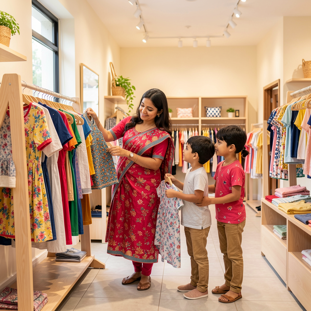 Mother and children browsing clothing together