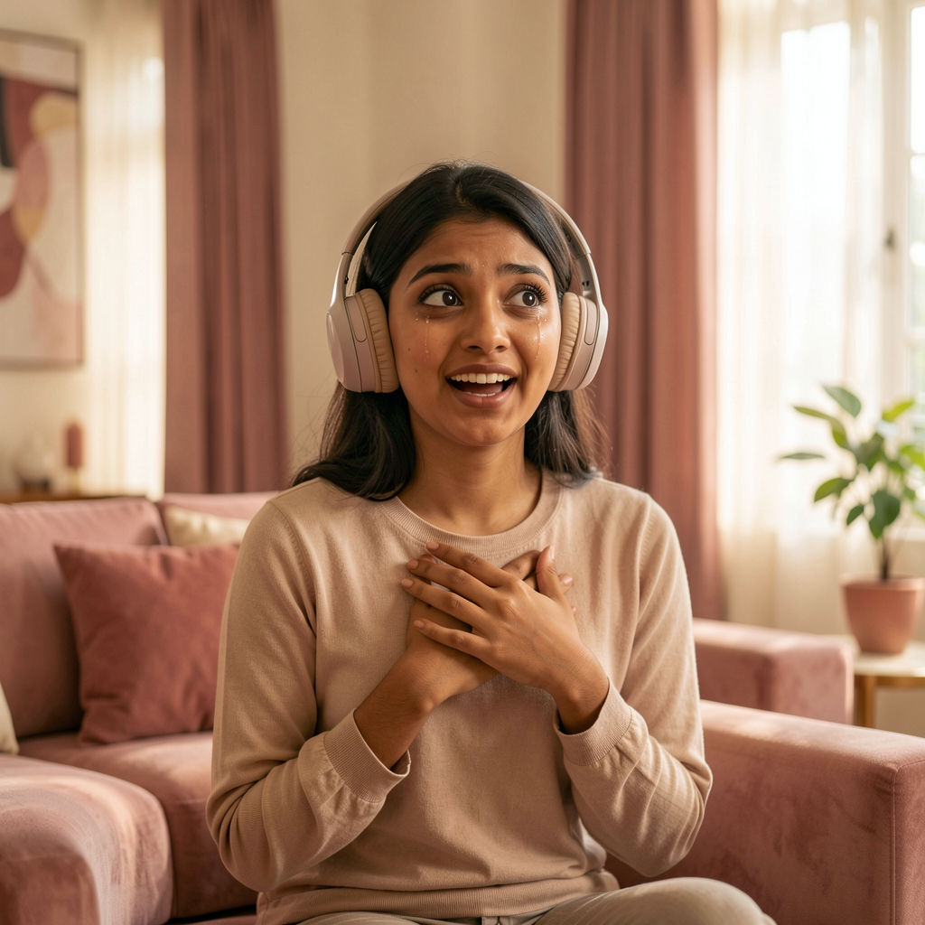 Woman emotionally listening to a personalized song