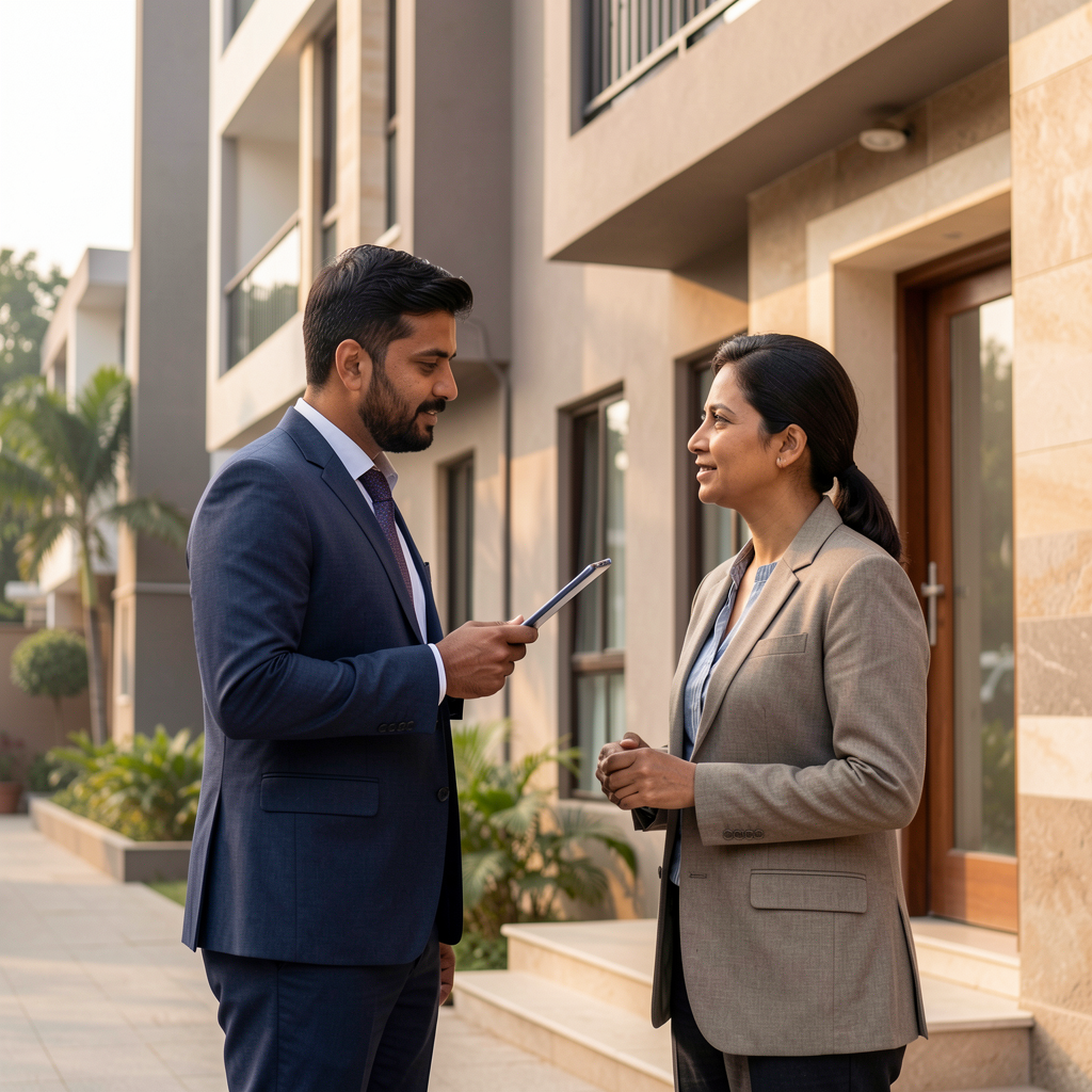 Property consultant discussing a building with a client