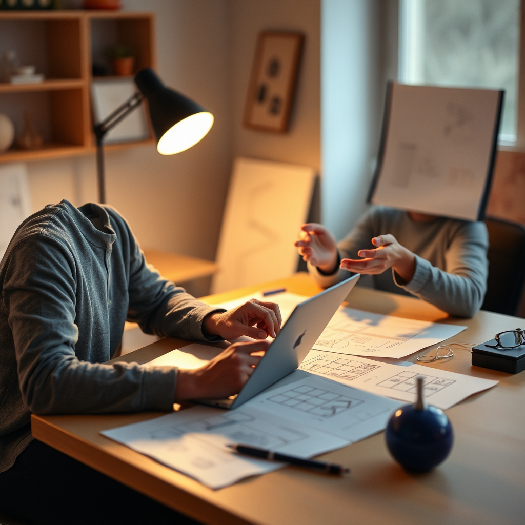 Candid photo of the designer collaborating at a studio desk with warm light