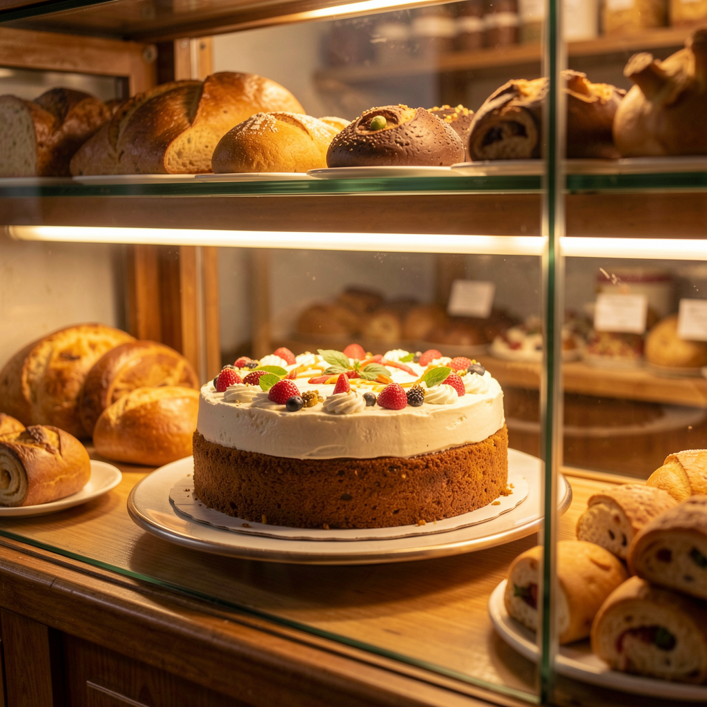 [Placeholder image] Cake display at our N-11 bakery